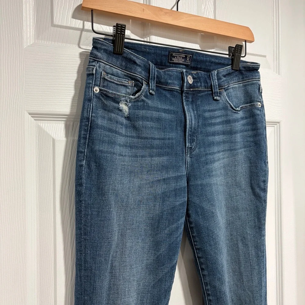 2/$25 Abercrombie & Fitch Blue Distressed Harper Low Rise Skinny Boot Cut Jeans - Picture 2 of 7